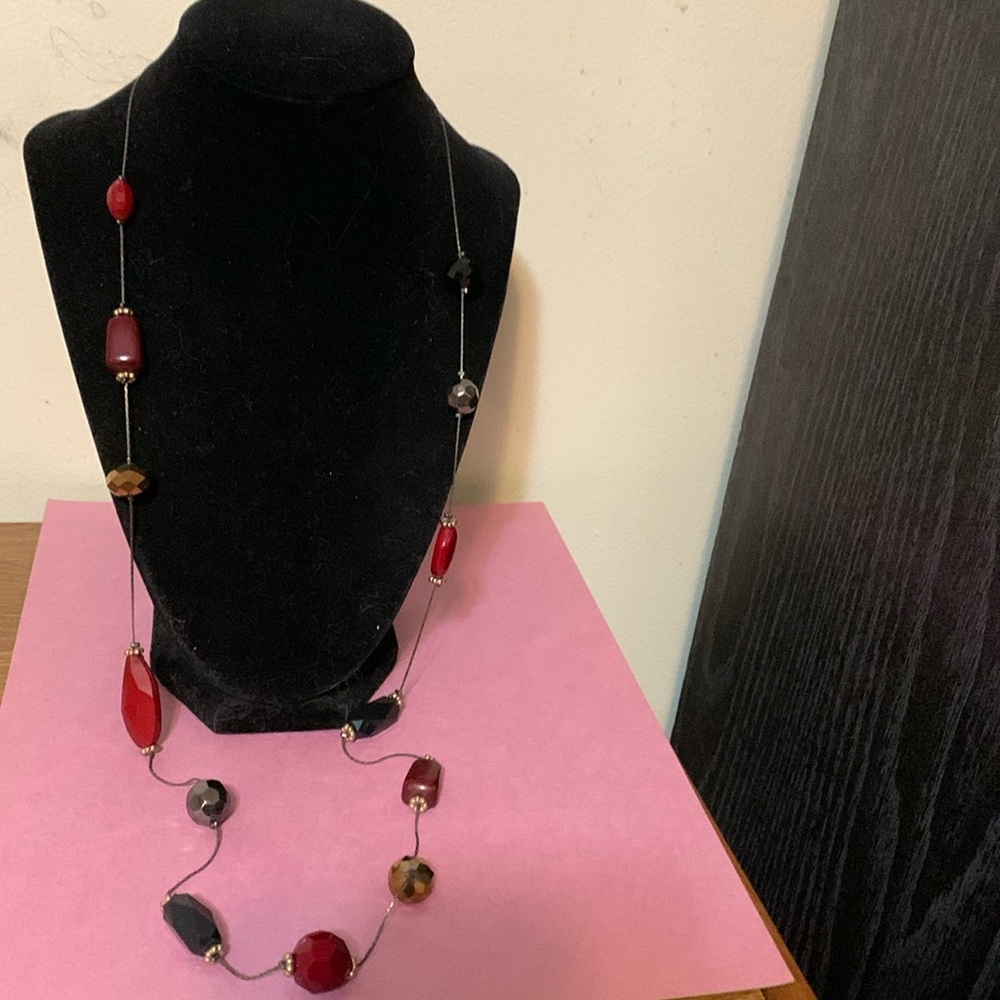 Beautiful red and black necklace, 34”